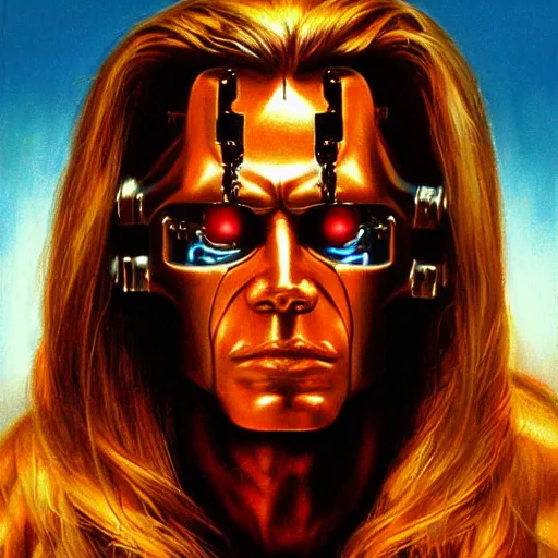 Prompt: portrait artwork of long haired cyborg with damaged face and one robot eye by Greg Hildebrandt. Cinematic lighting. Terminator 2 ending scene