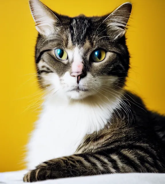 Prompt: a 4 k photorealistic photo of a cat sitting on a bed in a yellow room