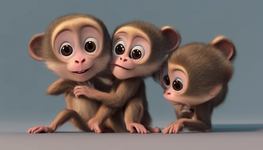 Image similar to very very very cute baby monkeys by Max Kostenko and Bobby Chiu, disney, pixar, MPC, Framestore, character design for animation, uplight, a lineup of characters, big disney eyes, symmetrical eyes, cuteness, 3d render, octane rendered, rendered by maya and houdini, highly detailed, unreal engine, Trending on Artstation, octane render, 4k, 8k, HD