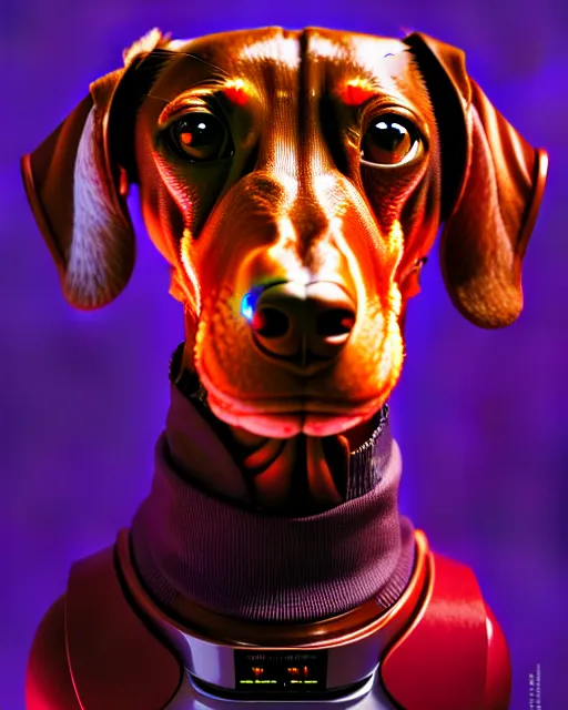 Image similar to hyper - realistic portrait of a dachshund robot, face angle, gta v cover art, celshading, sharp focus, intricate, detailed, rhads, andreas rocha, makoto shinkai, lois van baarle, ilya kuvshinov, greg rutkowski, dynamic lighting, grunge aesthetic, 4 k