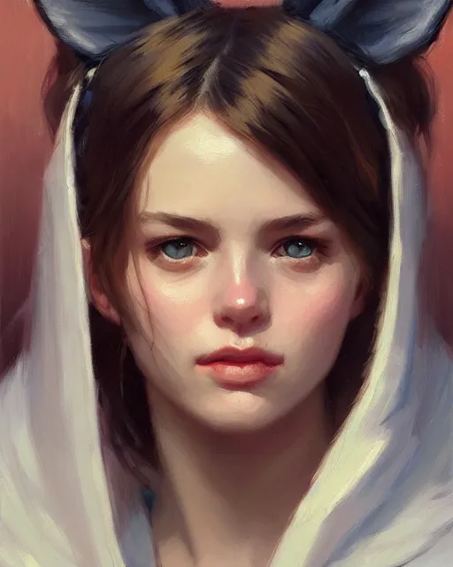 Image similar to a potrait of a girl with small cat ears, fine details. night setting. realistic shaded lighting poster by craig mullism, artgerm, jeremy lipkin and michael garmash, unreal engine, radiant light, detailed and intricate environment, digital art, trending on art station