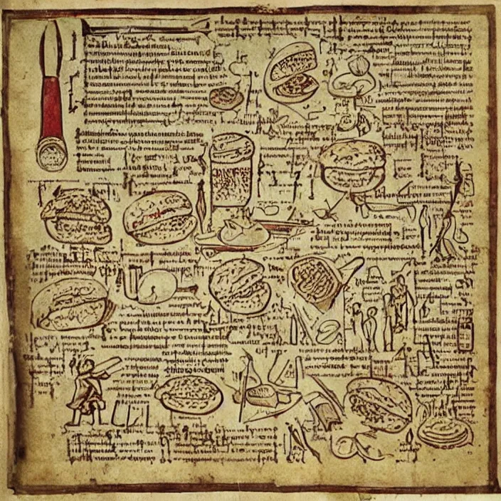 Image similar to ( ( ( ( illustrated recipe for an hamburger ) ) ) ) lot of medieval enluminures in the background explaining the recipe, found schematic in a notebook
