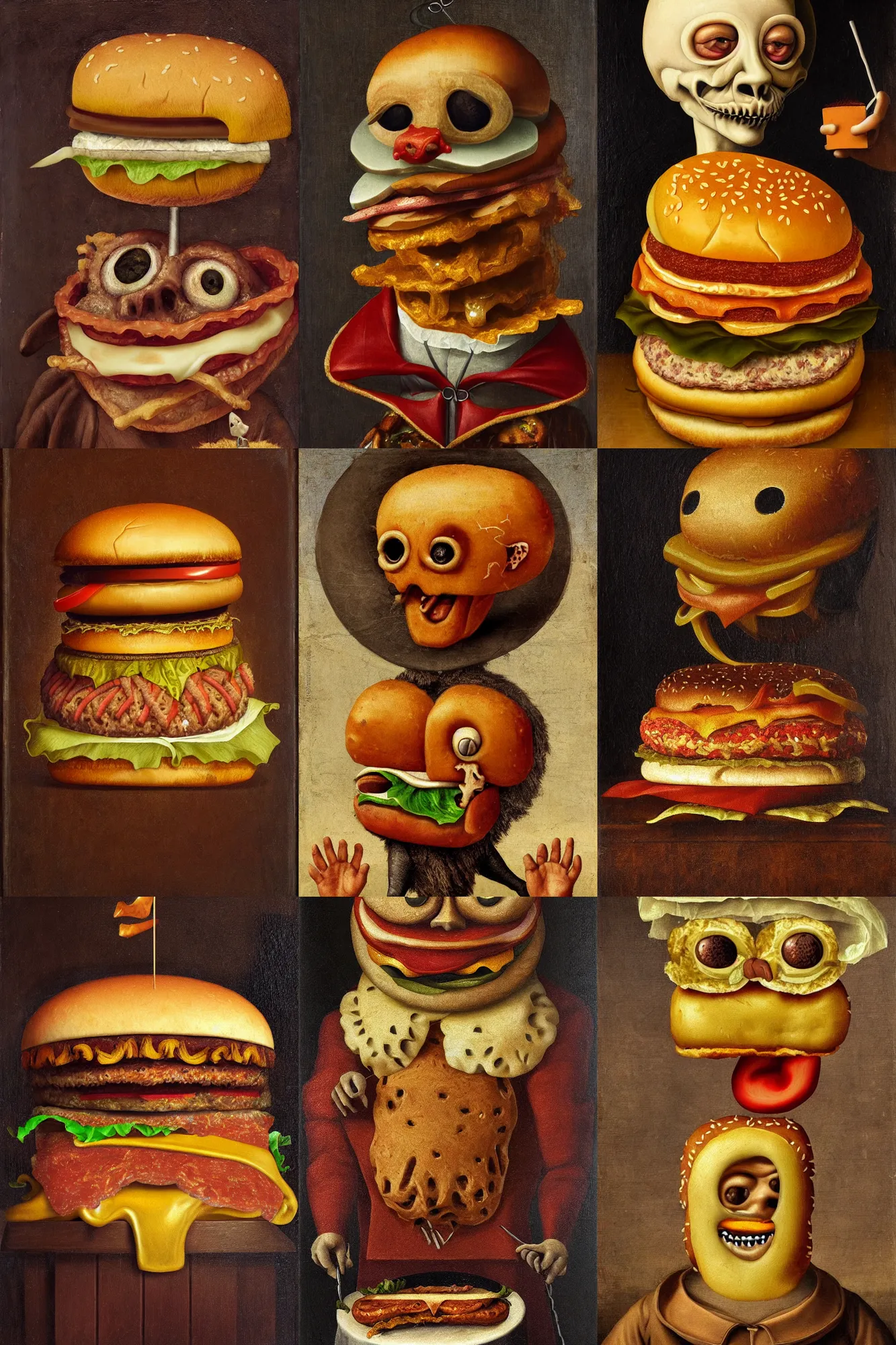 Prompt: anthropomorphic cheeseburger, 4 k renaissance oil painting, intricate detail, creepy and disturbing
