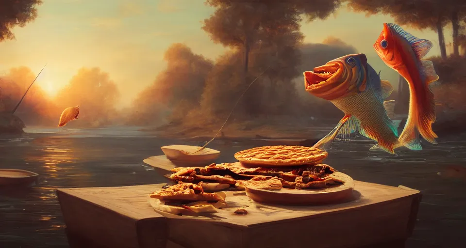 Prompt: a beautiful painting of a fish eating pies, gigantic, octane render, brilliantly coloured, intricate, ultra wide angle, trending on artstation, dusk, volumetric lighting, polished, micro details, ray tracing, 8k