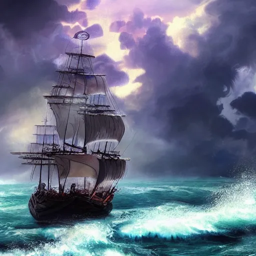 Image similar to pirate ship from one piece sailing, dynamic sky, storm sky, with light piercing through stormy clouds, birds near the ship, rough sea, crepuscular rays, volumetric lighting, pixiv art, cgsociety, highly detailed