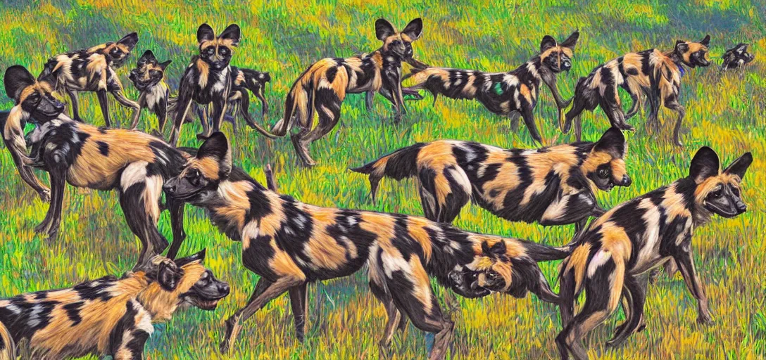 Image similar to pack of african wild dogs near a watering hole, painted by studio ghibli with psychedelic colors