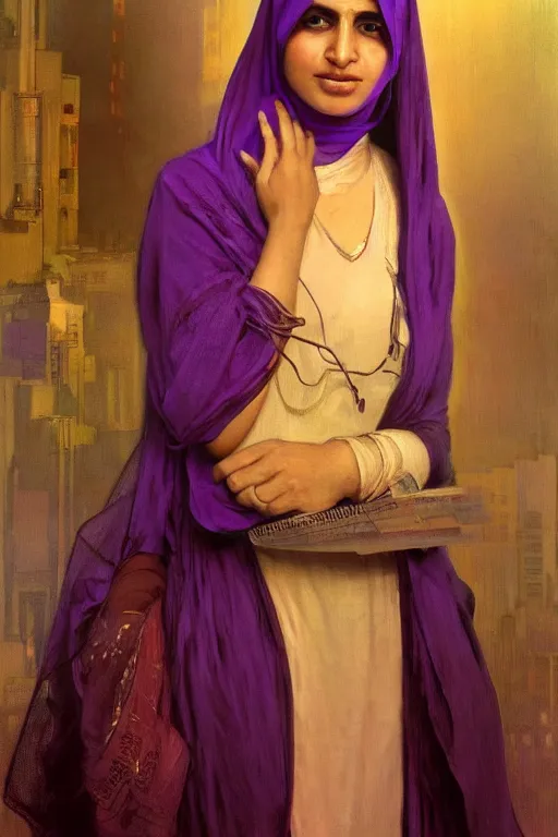 Image similar to hyperrealist portrait of a young hyderabadi muslim american woman wearing a purple niqab, it is decorated with long wires and computer monitors are all over their body within the cyberpunk office background. by jeremy mann and alphonse mucha, fantasy art, photo realistic, dynamic lighting, artstation, poster, volumetric lighting, very detailed faces, 8 k, award winning