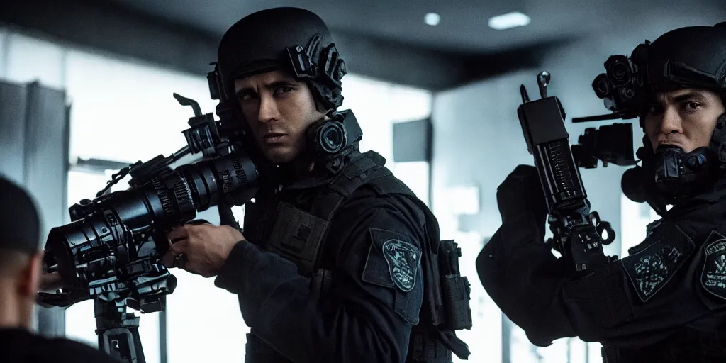 Image similar to vfx film, swat team squad crew, m 4 a 1, breach and clear, gang house, flat color profile low - key lighting award winning photography arri alexa cinematography, cinematic beautiful natural skin, famous face, atmospheric cool color - grade