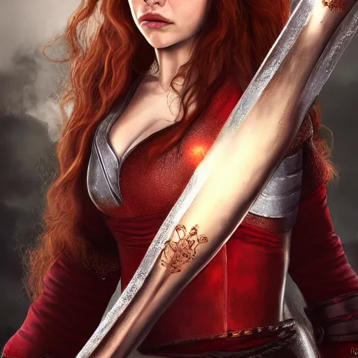 Prompt: emilia clarke, as a medieval fantasy character, with dark reddish hair, wearing light, silver armor and red clothing, tan complexion, holding a longsword, neutral expression, noble, cinematic, dark, realistic, digital art, 8 k