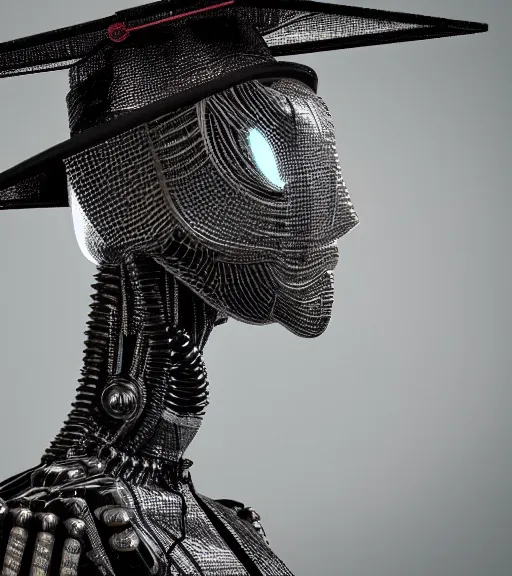 Prompt: a portrait of a extremely intricately detailed beautiful robot wearing on its head a perfect black graduation hat, realism. concept art. unreal engine 5, f / 1. 8, v - ray, ultra hd, 8 k, graduation photo, atmospheric beautiful background and beautiful lighting. hyper realism.