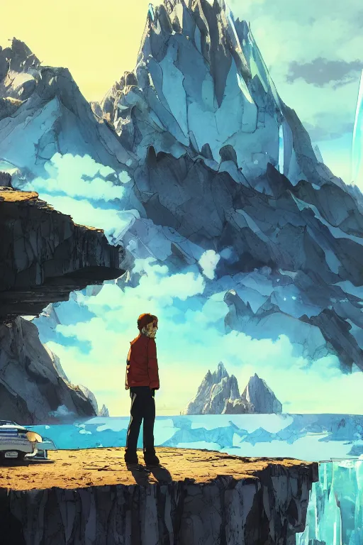 Image similar to walter white enjoying the view of a majestic crystal cliff, high intricate details, rule of thirds, golden ratio, cinematic light, 8 k, octane render, anime style, graphic novel by fiona staples and dustin nguyen, art by beaststars and orange, peter elson, alan bean, studio ghibli, makoto shinkai