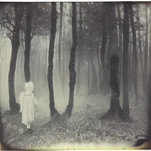 Image similar to an ancient evil-girl on a mysterious fractal forest, mist, 1910 polaroid photography, Black and white