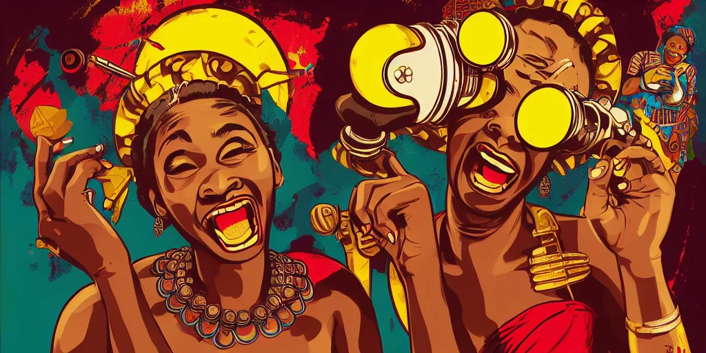 Image similar to mama africa laugh at her child!!! pop art, pixel, bioshock, gta chinatown, artgerm, richard hamilton, mimmo rottela, julian opie, aya takano, intricate, sharp focus, concept art, smooth, focus on details