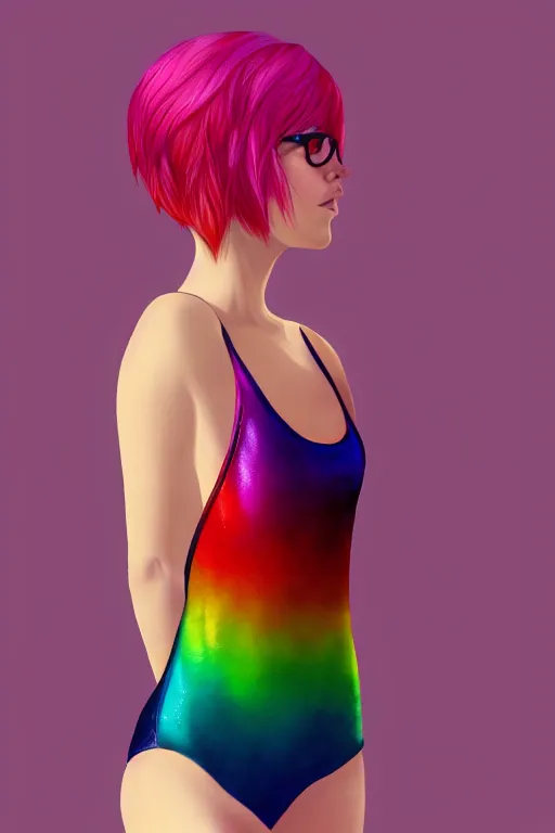 Image similar to beautiful full body portrait of a rainbow hair woman wearing a sparkling cherry color one piece swimsuit, pixie haircut wlop, artgerm, artstation, backlit, marble background