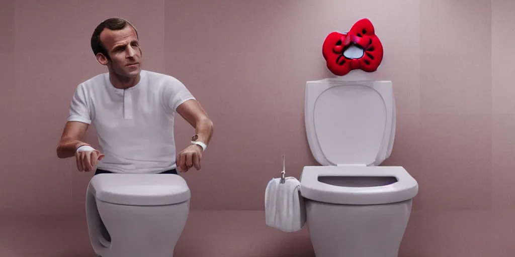 Image similar to picture of emmanuel macron on a toilet, dressed in a hello kitty pajamas, photorealistic, higly detailed, 8 k