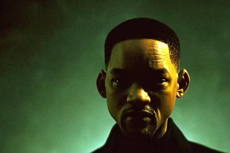 Prompt: will smith as a character from the matrix, cinematic, movie still, dramatic lighting,!! by bill henson!!