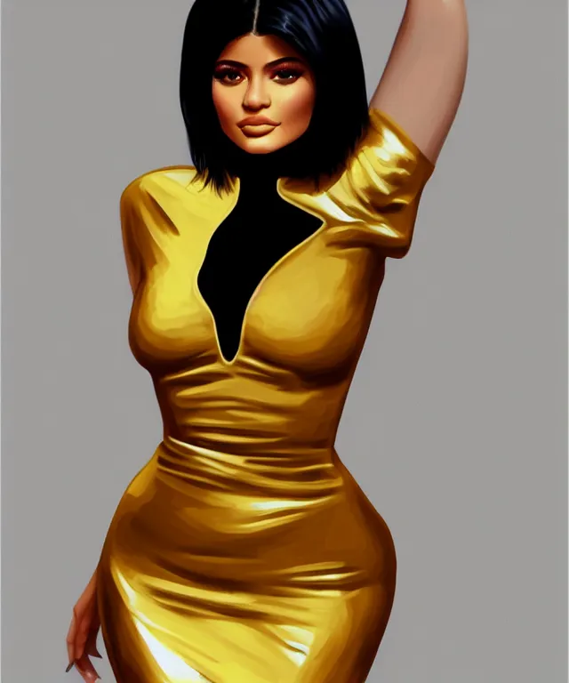 Prompt: Kylie Jenner in a shiny golden dress, highly detailed, digital painting, artstation, concept art, smooth, sharp focus, illustration, ArtStation