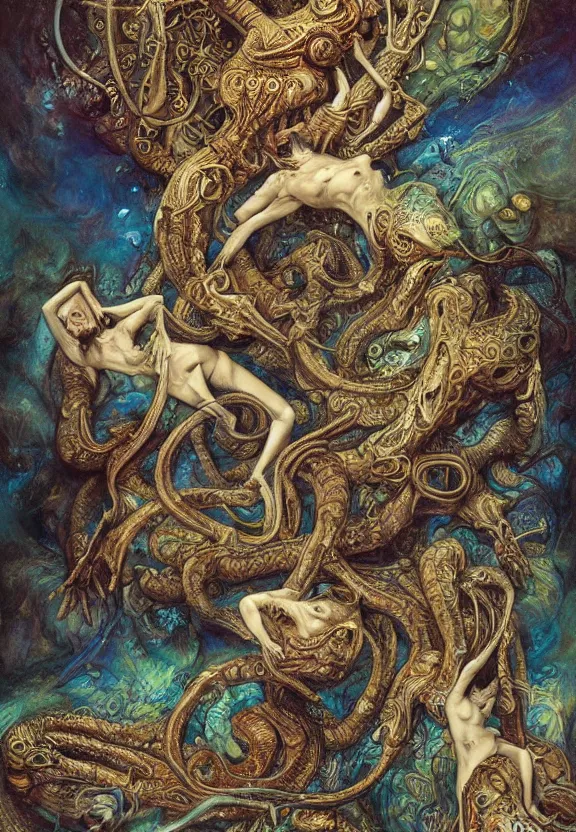 Image similar to simplicity, colorful muscular eldritch animals and bodies radiating spiral, mandala white bones, by h. r. giger and esao andrews and maria sibylla merian eugene delacroix, gustave dore, thomas moran, pop art, chiaroscuro, biopunk, art nouveau