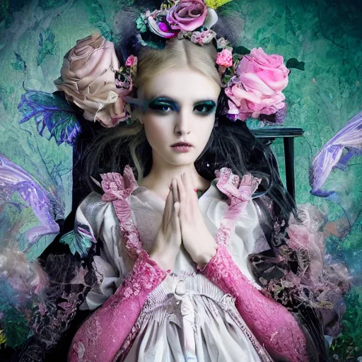 Image similar to Ethereal, mysterious stunning maximalist mesmerizing girl from the rainbow sky paradise, high-tech, professional high fashion model photo shoot for Victorian gothic lolita fashion, hyperdetailed by Mark Ryden and artgerm and Hiroyuki-Mitsume Takahashi, close-up 35mm macro shot, hyperrealism, 8k resolution 3D, cinematic, dynamic lighting, octane render, unreal engine 5