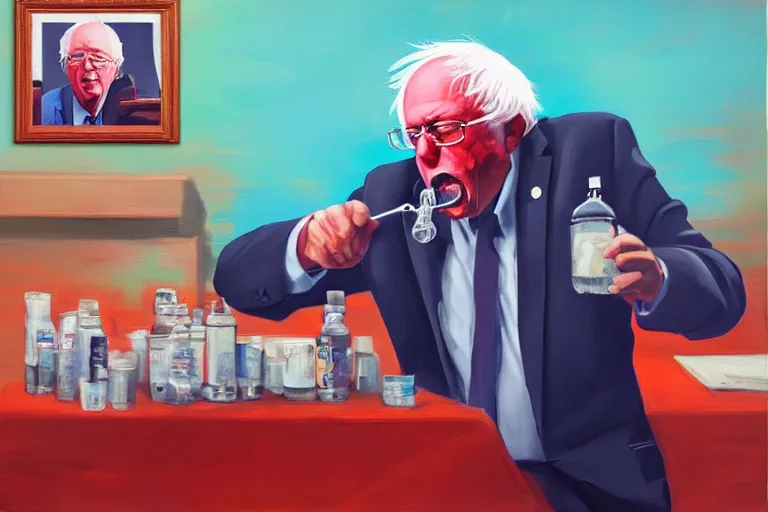 Prompt: Bernie Sanders as crunk rapper, drinking cough syrup, oil on canvas, artstation, portrait, masterpiece, aesthetic