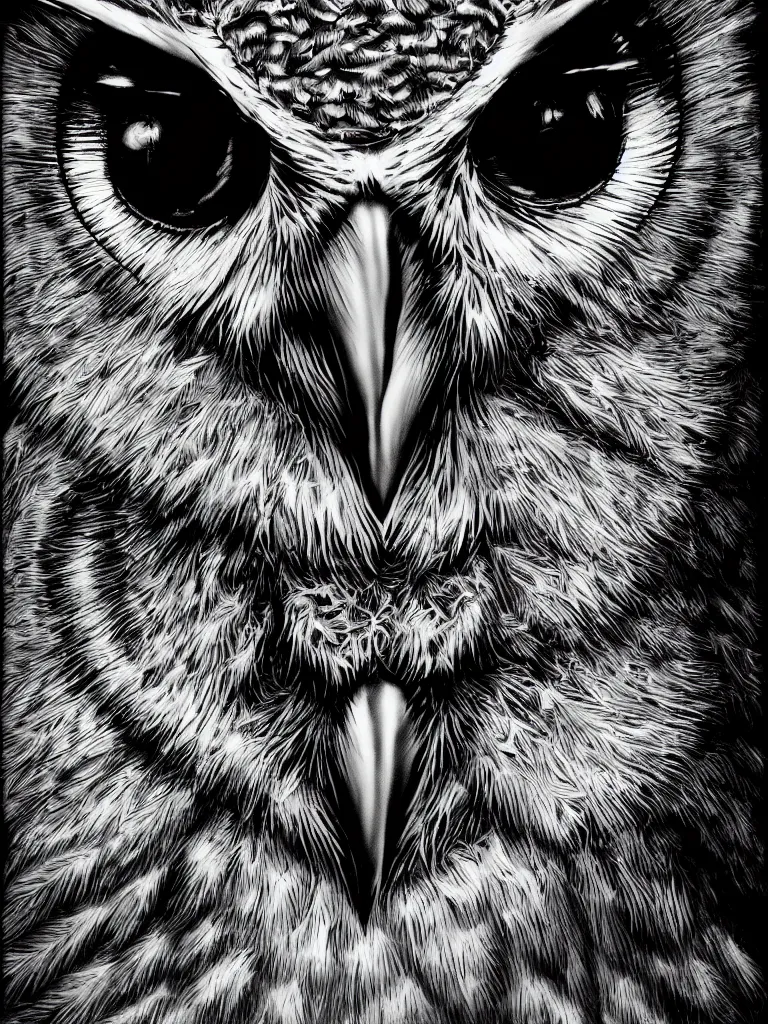 Image similar to hyperrealist highly detailed cinematic lighting studio portrait of a great horned owl, high contrast wood engraving, kentaro miura manga style, shocking detail trending on artstation 8 k