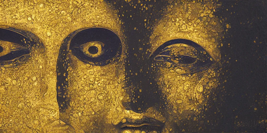 Image similar to a surreal painting of giant buddahs eyes floating in the desert in gold color palette