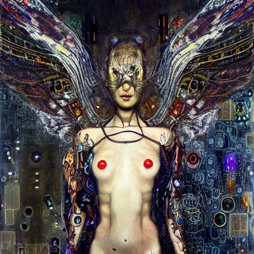 Prompt: winged cyberpunk demon trapped in circuitry, intricate detail, miro, royo, whealan, klimt,