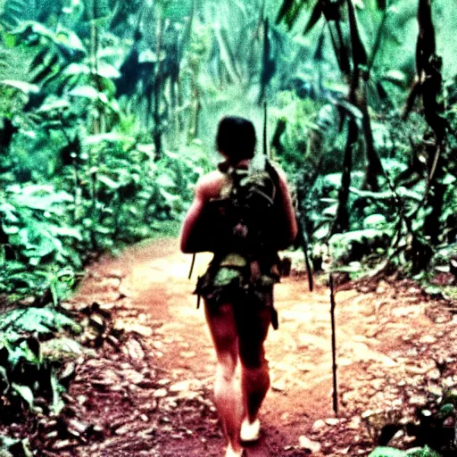 Prompt: film still, close up, emma watson soldier hiking through dense vietnam jungle, mist, film still from apocalypse now ( 1 9 7 9 ), 2 6 mm, kodak ektachrome, blue tint expired film,