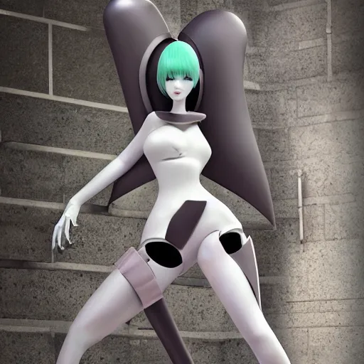 Image similar to This android personal bodyguard is a true beauty, with a design that resembles both Gardevoir from Pokémon and 2B from Nier Automata. Her utopian vibes and photorealistic character are truly something to behold, and her outrunner aesthetic is truly trendsetting. This 8k UHD image is a hyper realistic render with intricate details that will leave you breathless.