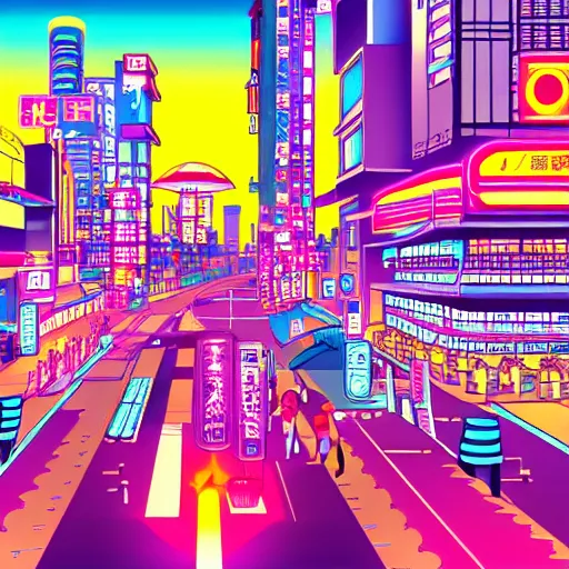 Prompt: neon citypop japanese city in 1 9 8 0's anime style