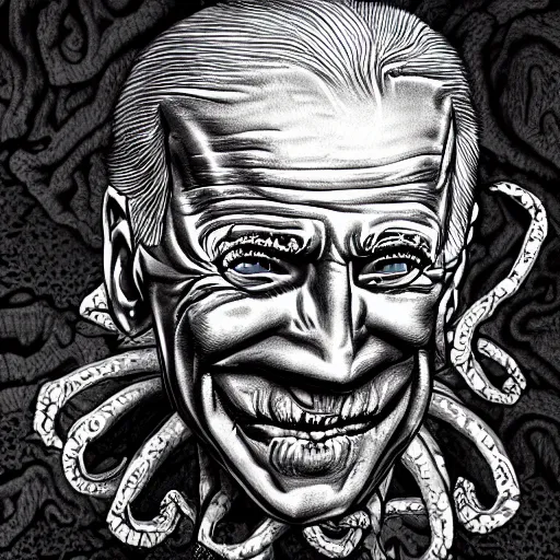 Image similar to biden became stupid ugly lovecraftian degenerate abomination, photo - realistic, color image, 2 k, highly detailed, bodyhorror, occult art