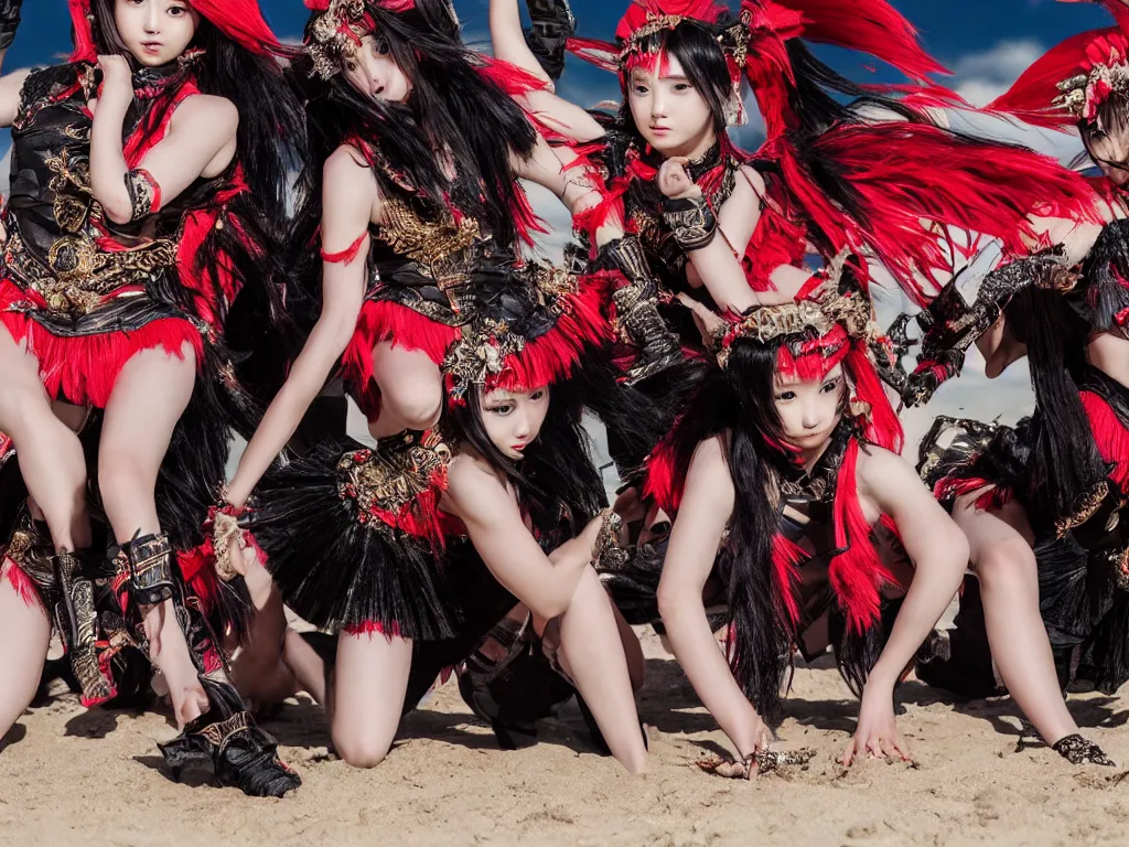 Image similar to babymetal 3 beautiful members performing on a tropical beach beautiful scenery, highly detail face, dynamic pose, High Definition detail, 8K, photography