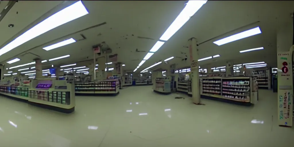 Image similar to abandoned human android factory in a convenience store, damaged camcorder video