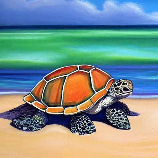 Image similar to a detailed painting of a turtle, all alone, on the beach, on a cloudy day