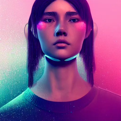 Prompt: Calm AI-girl's face with caret in very very strong glitches, strong scanlines effects, strong RGB shift effects, strong jitter effects. Dark colors, black background, concept art, masterpiece, octane render, 8k, portrait, artstation