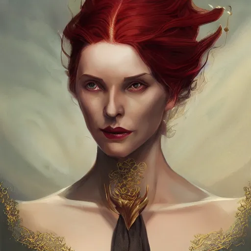 Image similar to a detailed matte head - on portrait painting of an middle - aged tiefling elegant and distinguished noblewoman with golden eyes and short long flowing red hair, by charlie bowater, lise deharme, wlop, tending on arstation, dungeons and dragon, dnd, pathfinder, fanart, oil on canvas