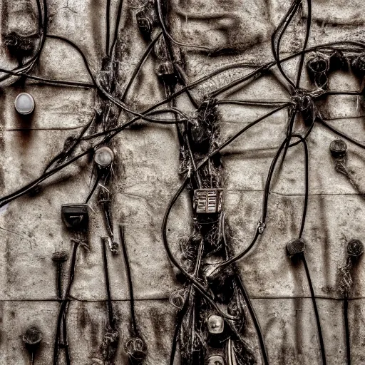 Image similar to a dark occult ritual of wires skin and decay, moody, hyper realism, 8 k photo, atmospheric