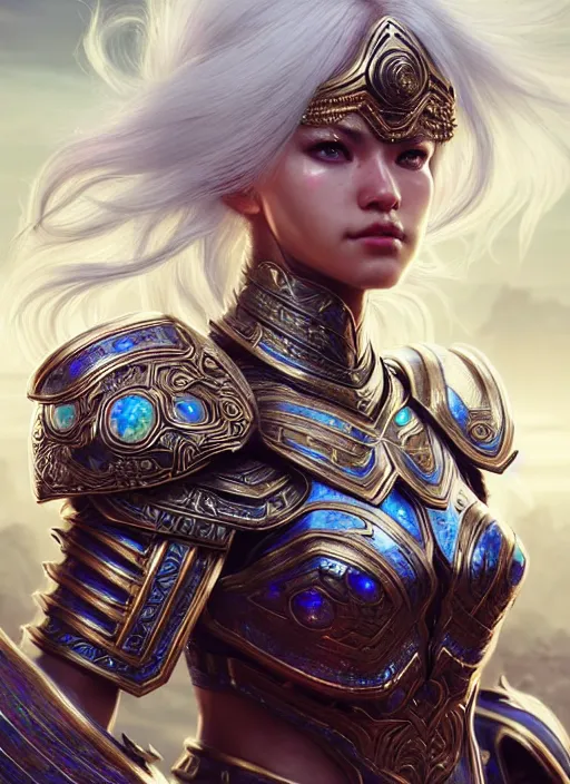 Image similar to warrior, intricate ornate opal heavy armor!!! beautiful and athletic white hair female!! gorgeous face and eyes!! character concept art, sharp focus, octane render! unreal engine 5! highly rendered!! trending on artstation!! detailed linework!! illustration by artgerm, wlop, and chie yoshii