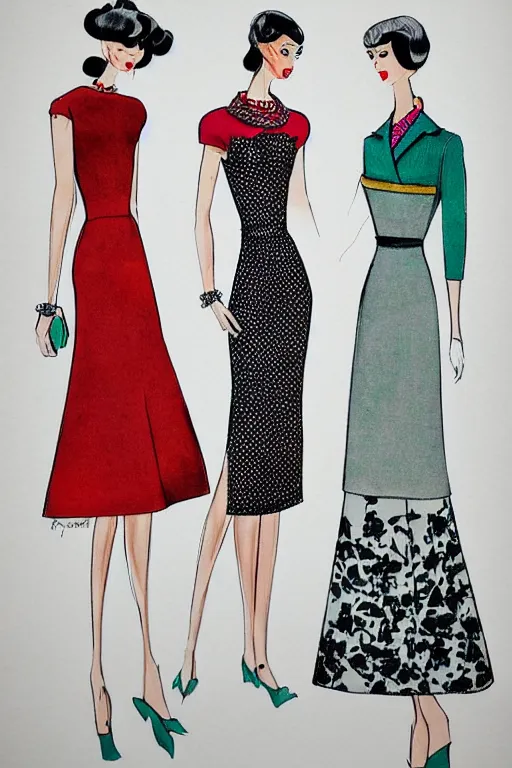 Prompt: a detailed high fashion illustration of a mid century outfit