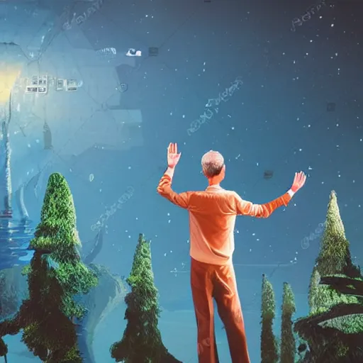 Image similar to detailed futuristic world, man waving goodbye to his friends