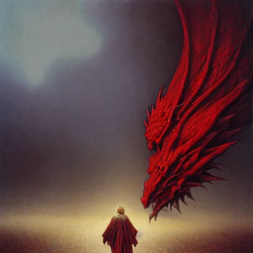 Prompt: grandmother from anime is walking on the pavement and is attacked by big red dragon, big red wings, before the storm, distant lightings in the clouds, beksinski style