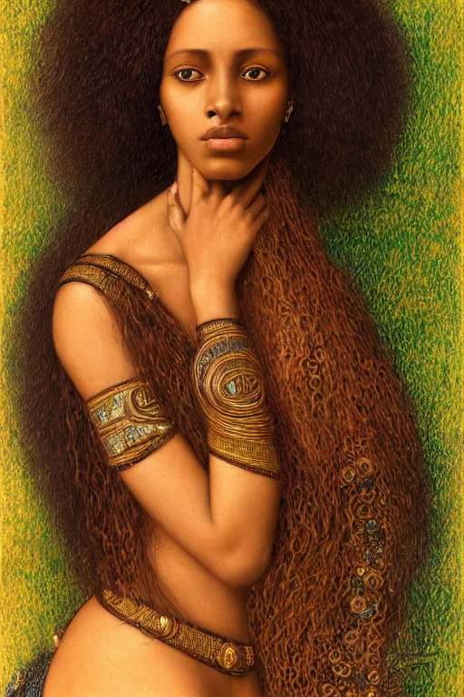 Image similar to Portrait of a Beautiful African female, sad green eyes, beautiful skin, elegant, jewellery, digital painting, Pre-Raphaelites, highly detailed, concept art, smooth, sharp focus, gold and indigo, illustration, art by Klimt .