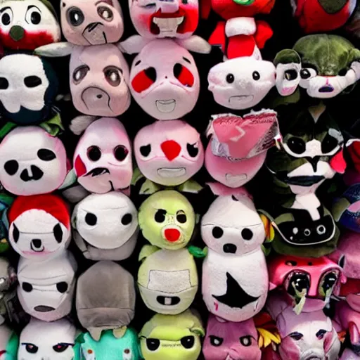 Image similar to haunting plushies being sold at an amusement park, devilish, nightmare fuel, scary, cursed, evil, dark