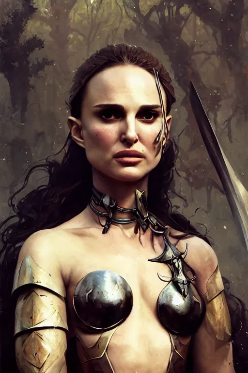 Image similar to natalie portman, legendary warrior, heroic, lord of the rings, tattoos, decorative ornaments, battle armor, by carl spitzweg, ismail inceoglu, vdragan bibin, hans thoma, greg rutkowski, alexandros pyromallis, perfect face, fine details, realistic shading photorealism