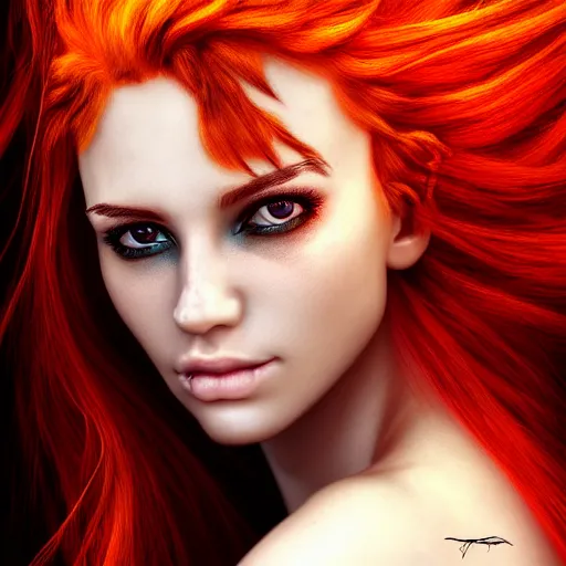 Prompt: a beautiful portrait of a gorgeous female pyromancer with flaming hair, digital art, photorealistic, intricate detail