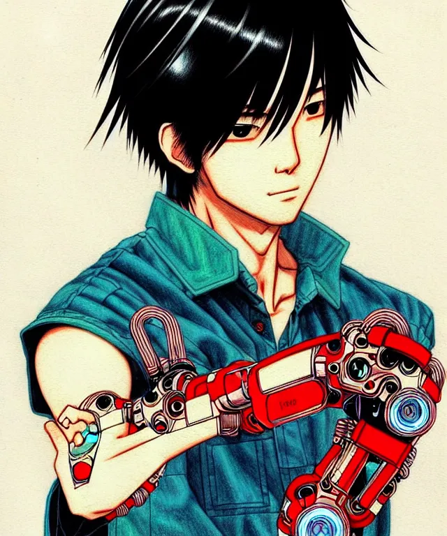 Prompt: a highly detailed full - color drawing by otomo katsuhiro, portrait of a handsome young japanese man with a cybernetic arm, pixiv, manga, anime, google top result, artstation frontpage