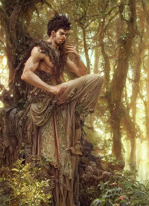 Prompt: intricate detailed portrait painting of a male druid, temple ruins surrounded by lush forest, afternoon, intricate, elegant, highly detailed, digital painting, sharp, focus, illustration art by artgerm and greg rutkowski and alphonse mucha