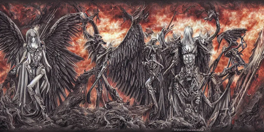 Prompt: stairway to an unheavenly paradise, in the style of anne stokes, ayami kojima, kentaro miura and silent hill, winged skeleton angels, highly detailed, digital painting