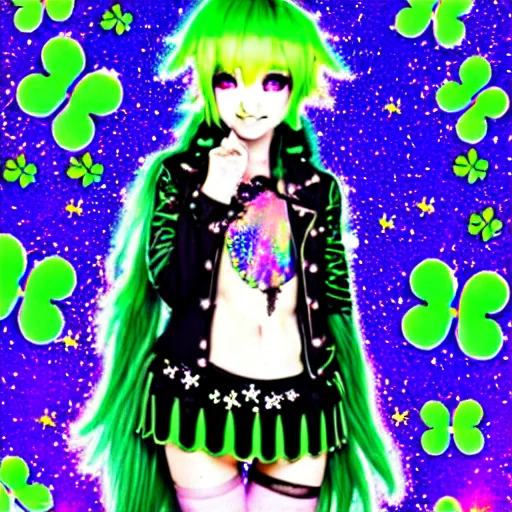 Image similar to a hologram of decora styled green haired yotsuba koiwai wearing a gothic spiked jacket, background full of lucky clovers and shinning stars, holography, irridescent, baroque visual kei decora art