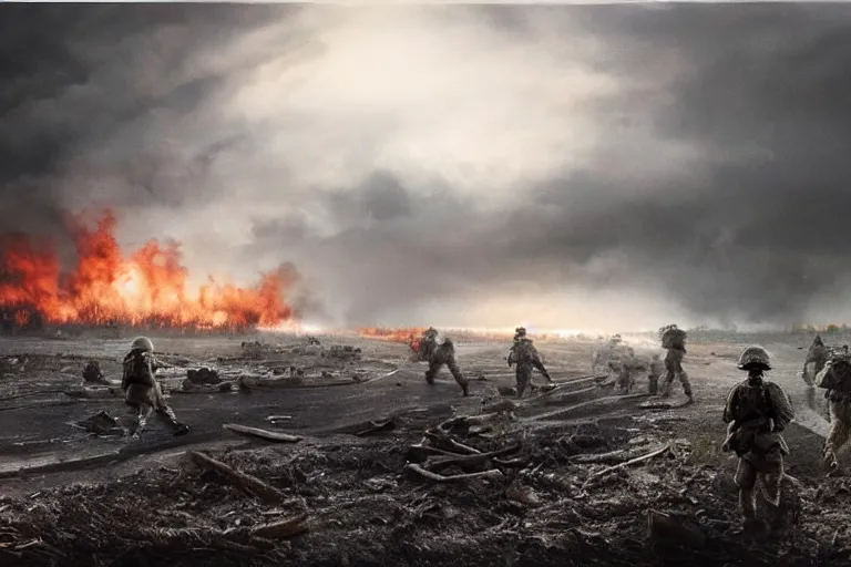 Image similar to desolate battleground, multiple soldiers on the ground!, thick dark smoke!, vehicles on fire, heavy rain from thick clouds, storm, (mushroom cloud) in the background, bleak, melancholy atmosphere, band of brothers, 4k artwork by Gregory Crewdson and Grzegorz Domaradzki and Ivan Shishkin and Jakub Rozalski